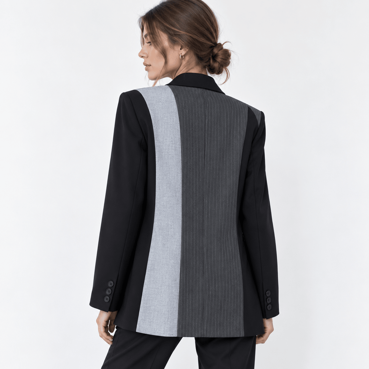 Women's Black & Grey Colorblock Pinstripe Blazer with Notch Lapels - Labchaparro
