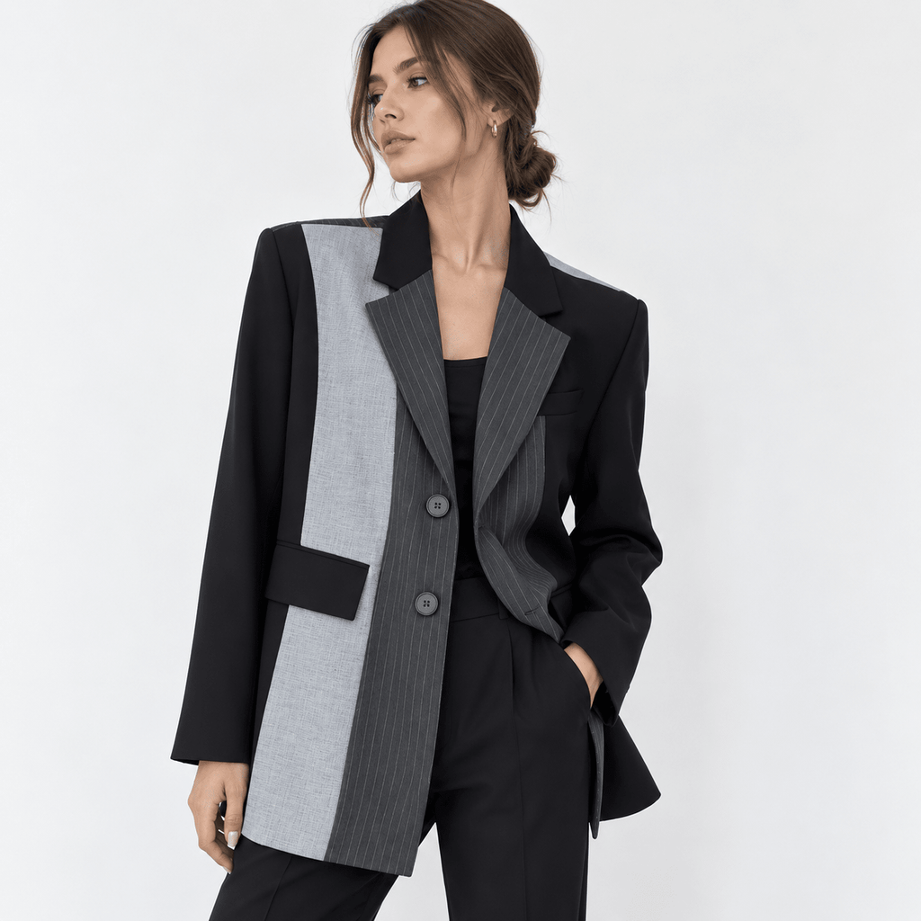 Women's Black & Grey Colorblock Pinstripe Blazer with Notch Lapels - Labchaparro