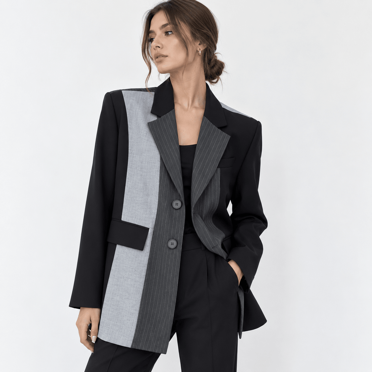 Women's Black & Grey Colorblock Pinstripe Blazer with Notch Lapels - Labchaparro