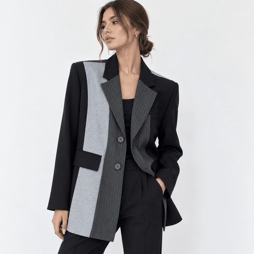Women's Black & Grey Colorblock Pinstripe Blazer with Notch Lapels - Labchaparro