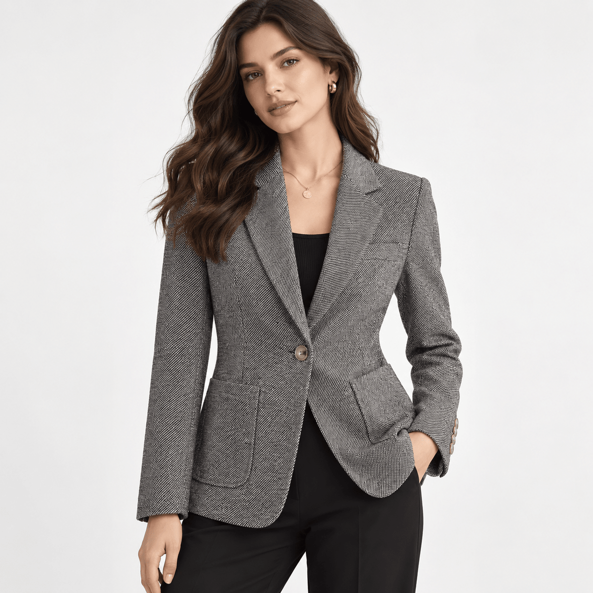 Women's Grey Tailored Single-Breasted Blazer with Notch Lapels - Labchaparro
