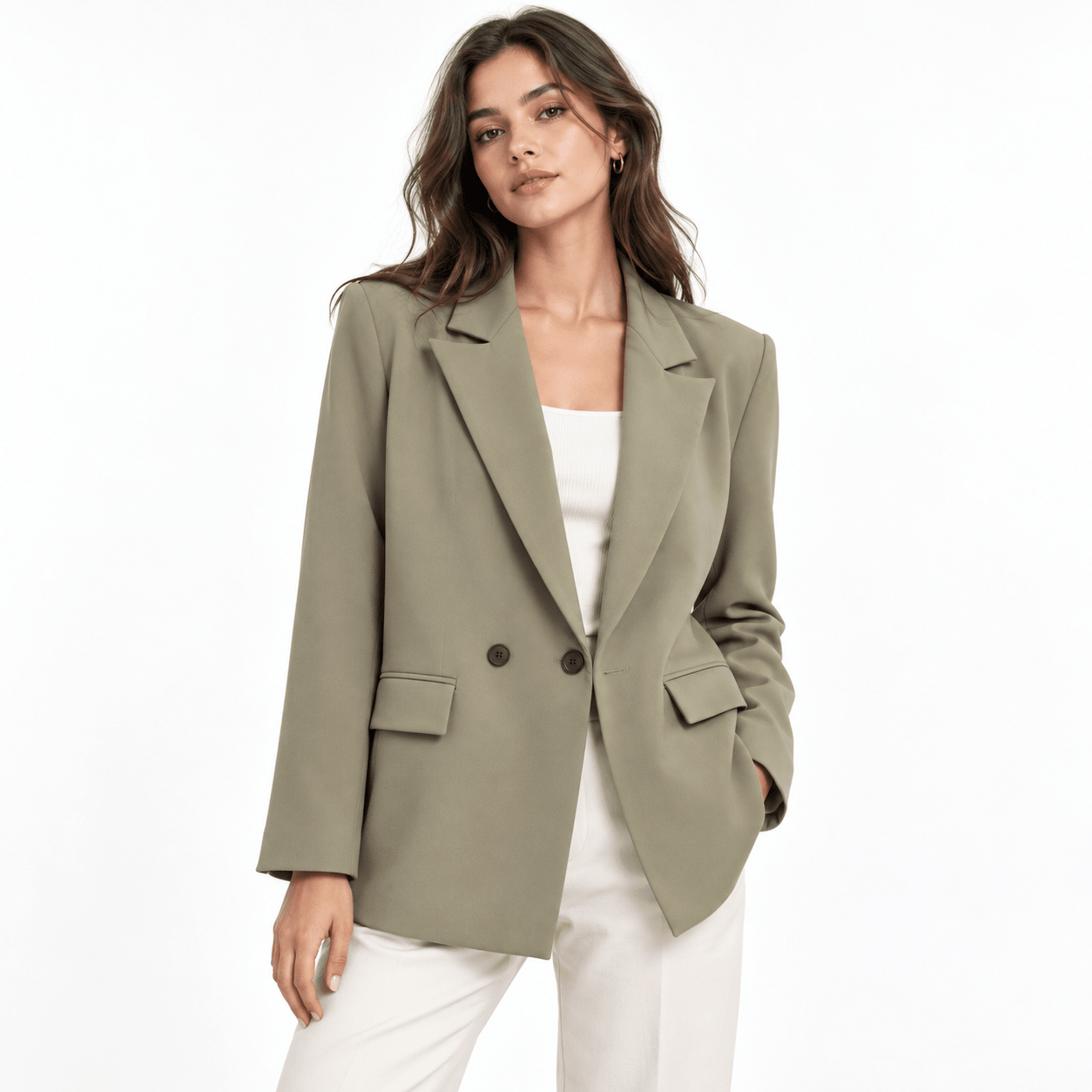 Women's Sage Green Double-Breasted Tailored Blazer with Notch Lapels - Labchaparro
