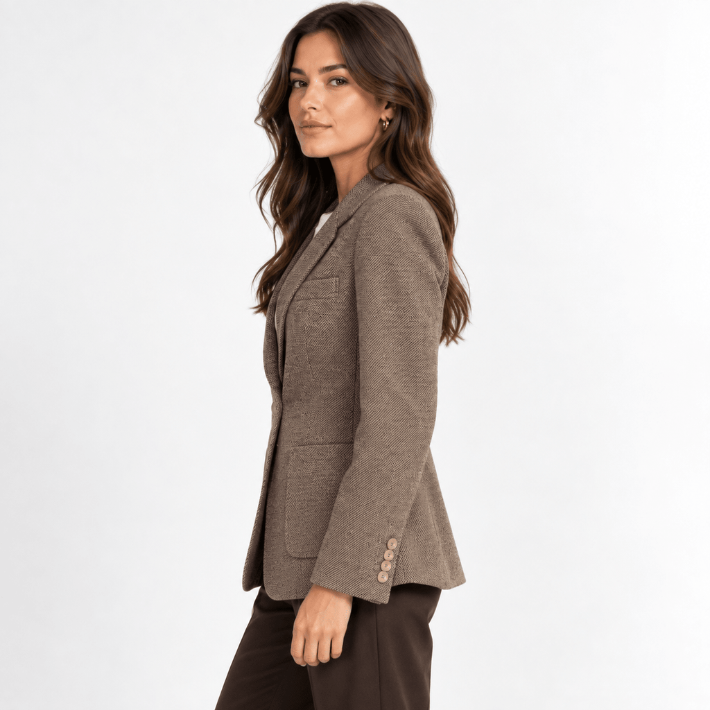 Women's Taupe Textured Single-Breasted Blazer with Notch Lapels - Labchaparro