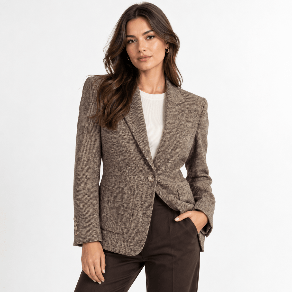 Women's Taupe Textured Single-Breasted Blazer with Notch Lapels - Labchaparro